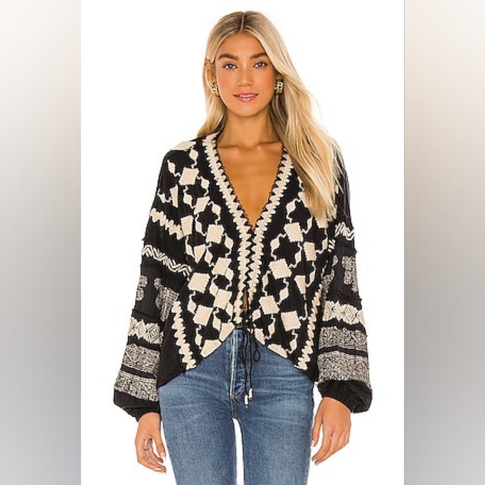 Free People Home Town Embroidered Volume Sleeve Blouse Oversized X-Small